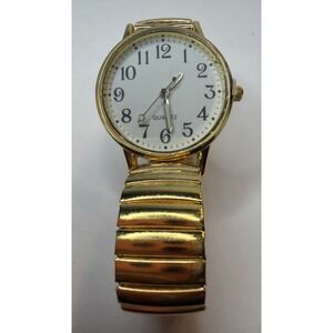 Quartz Wristwatch Gold Tone Expansion Band Round Large White Face Simple Style